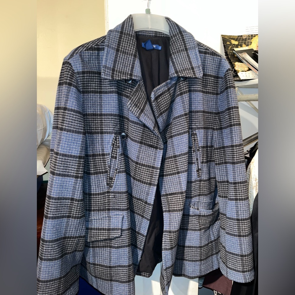 J Crew Blue Black Plaid Jacket Peacoat Wool Blend Button LS Lined sz L